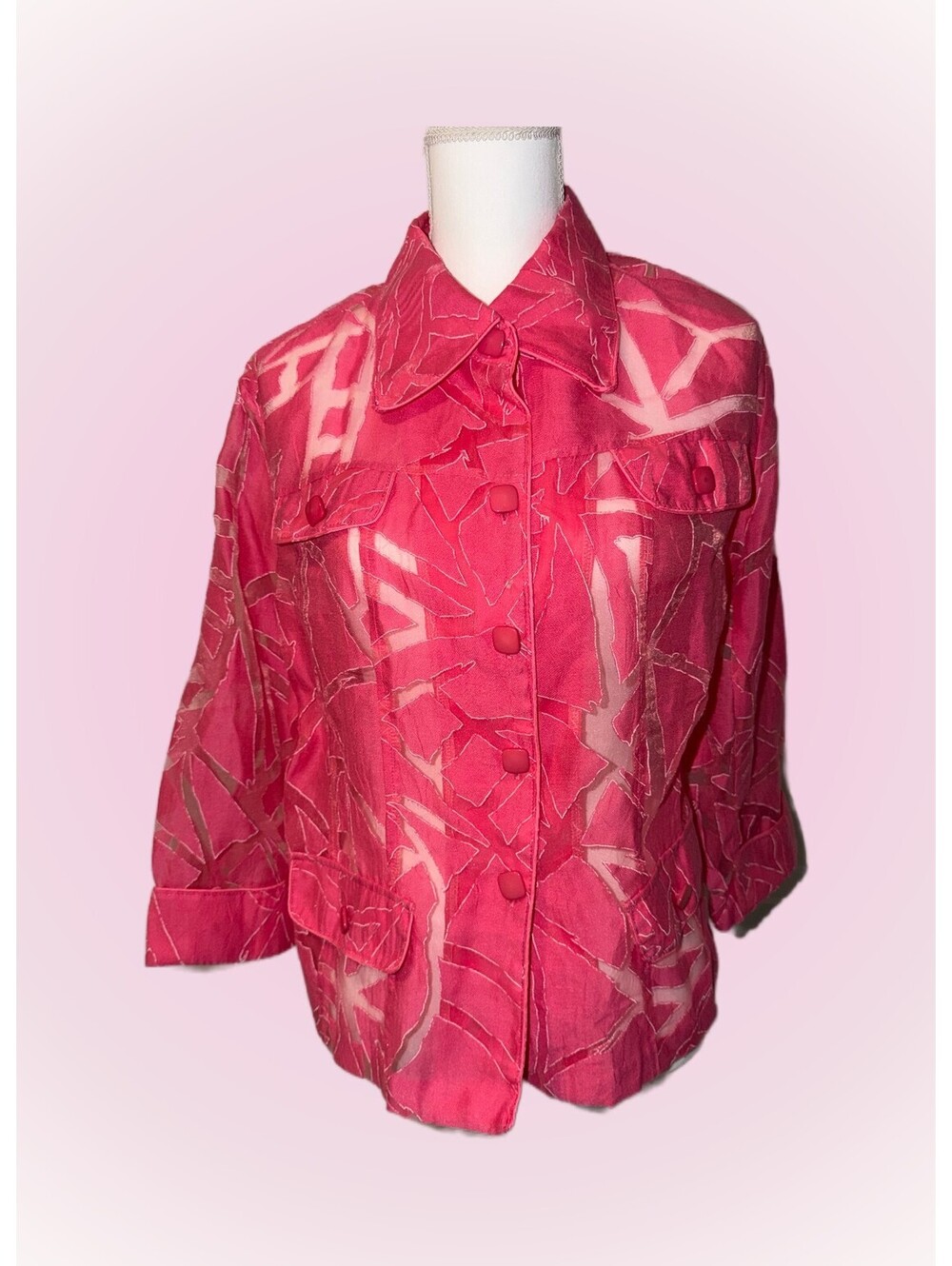 Womens XL Extra Large Pink Button Up 3/4 Sleeves Top with See Through Pattern